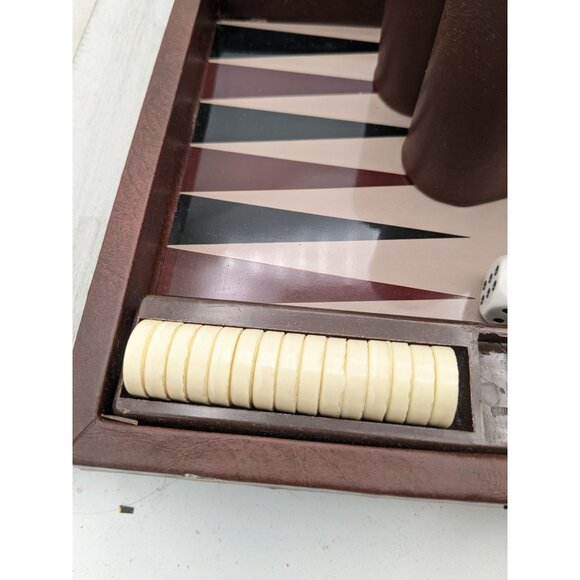 Vintage Backgammon Complete Small Travel Faux Leather Board Game - Picture 8 of 10